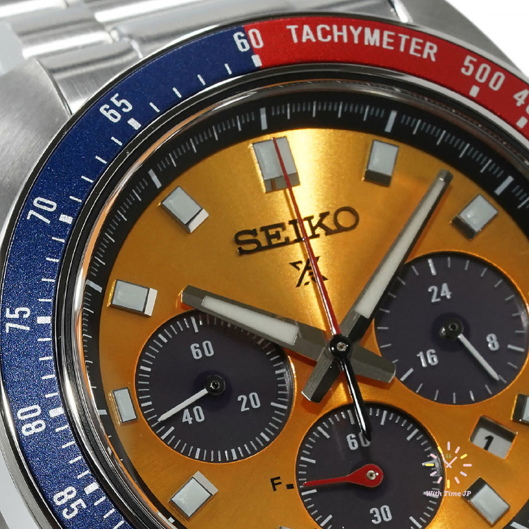 SEIKO PROSPEX SBDL117, Solar-powered men's watches, Close-up of the bright yellow dial.