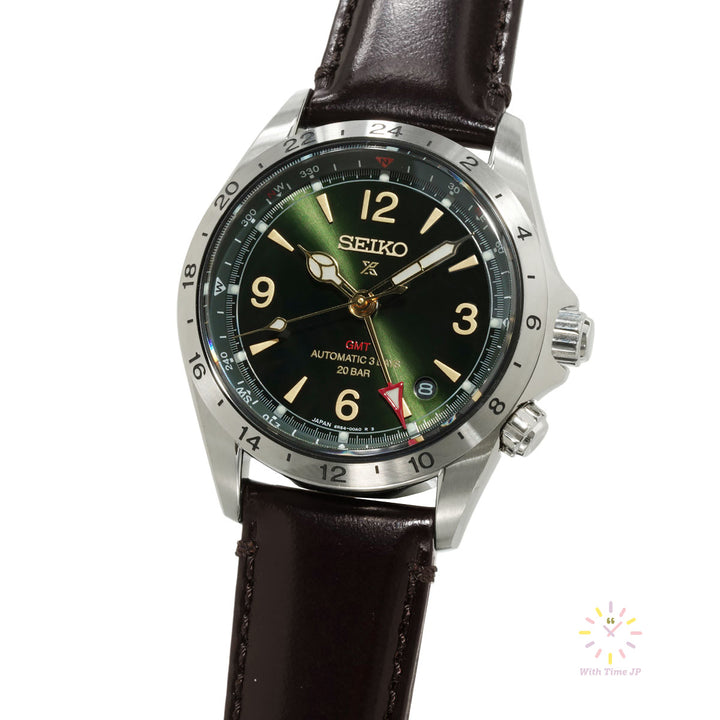 Seiko Prospex Automatic GMT Alpinist SBEJ005,mechanical watch, Men's Watch,  stainless steel case, Green Dial,leather Band.