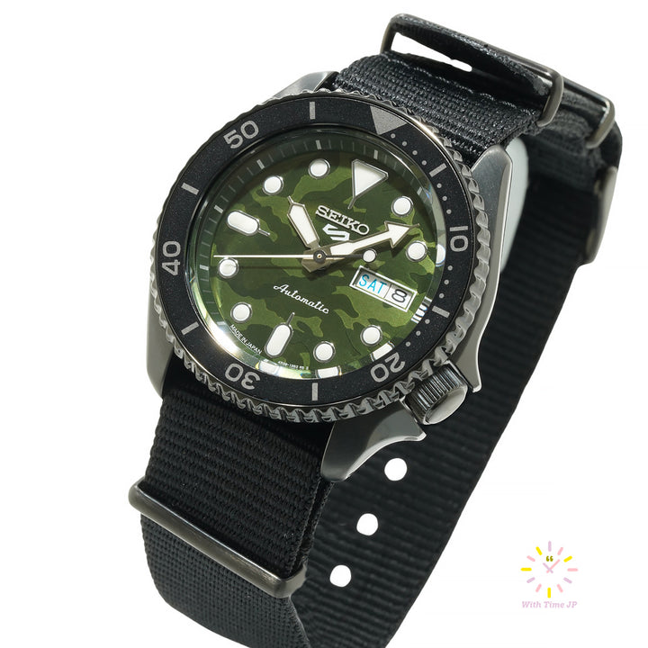 Seiko 5 Sports SBSA173 from a low angle on the right.