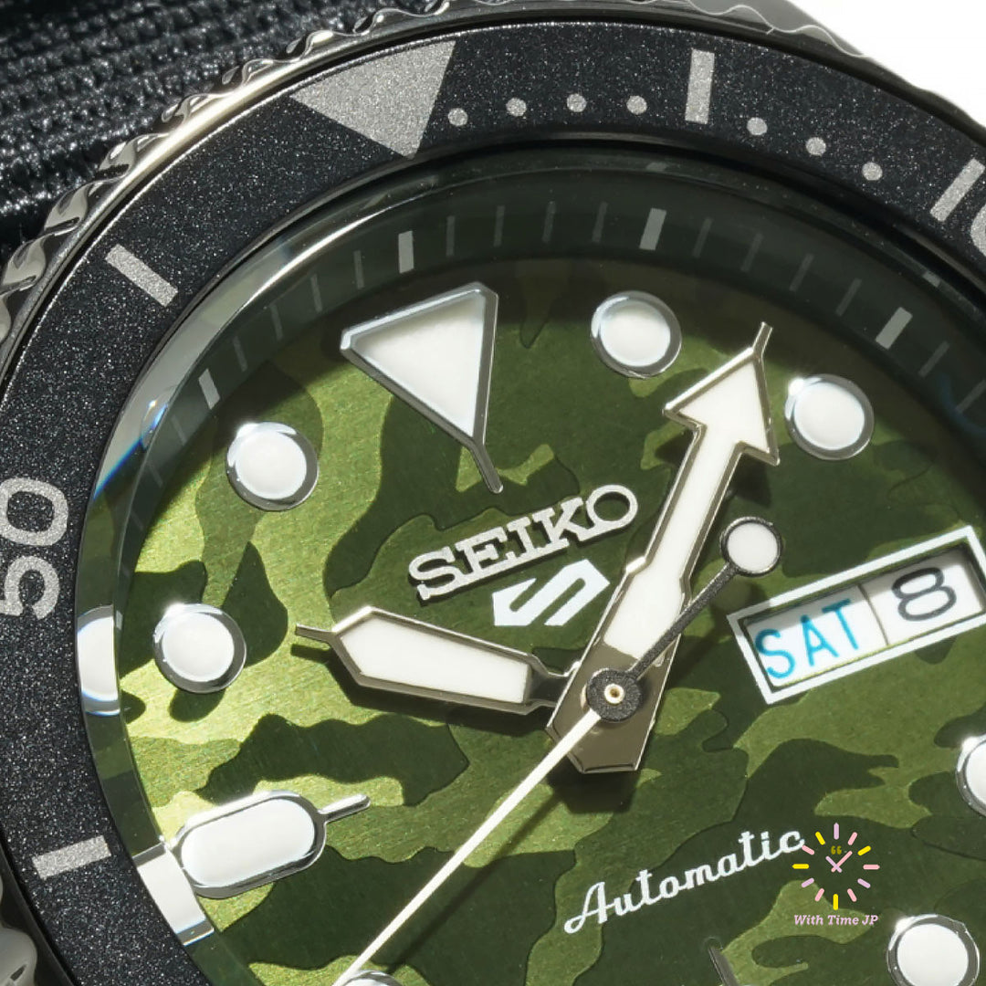 Close-up of the camouflage dial on the Seiko 5 Sports SBSA173.