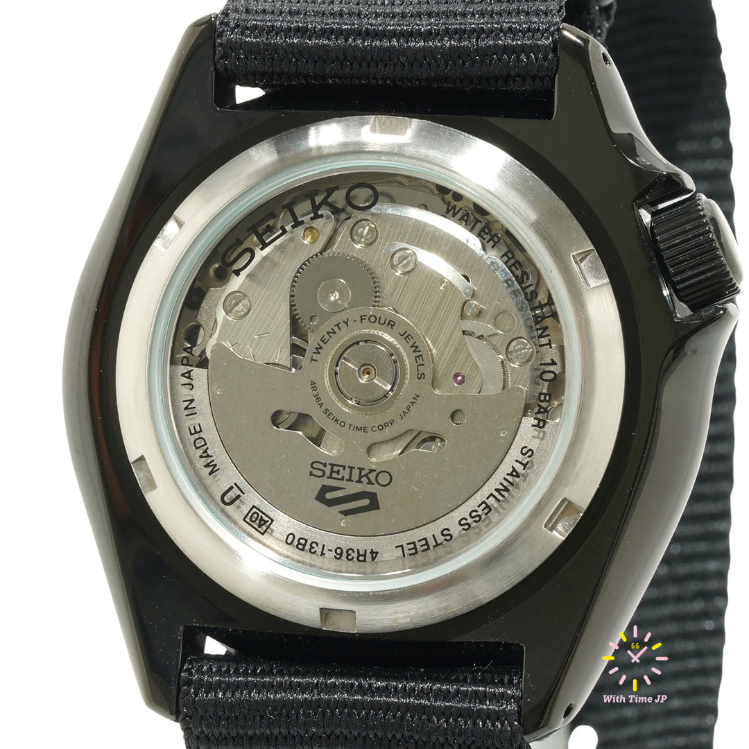 See-through case back of the Seiko 5 Sports SBSA173, showing the movement.