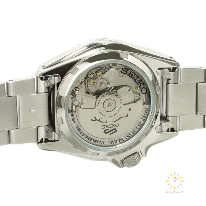 See-through case back of the Seiko 5 Sports SBSA227, showing the movement.