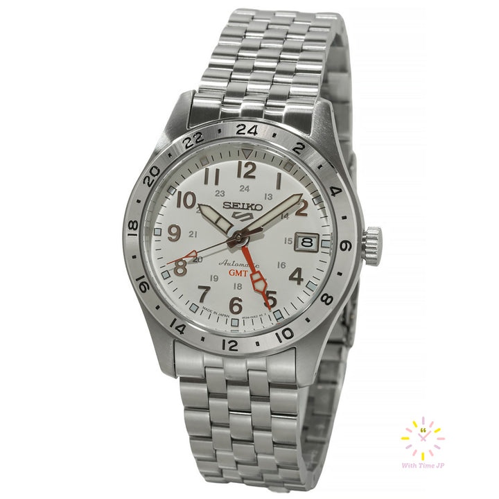 Seiko 5 Sports GMT SBSC009, Men's Watch, Stainless steel case, white Dial,Stainless steel Band.