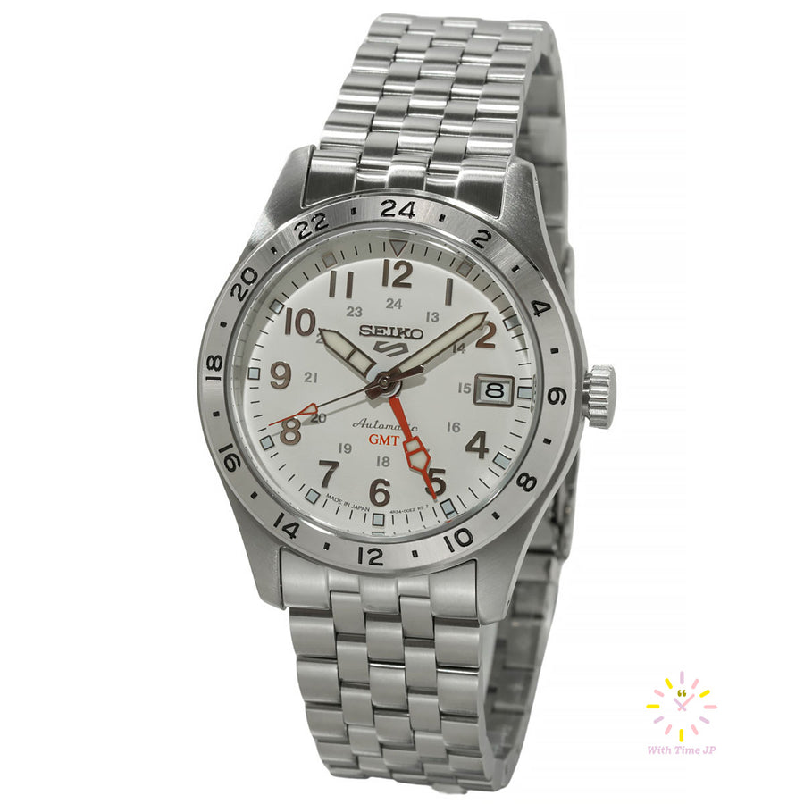 Seiko 5 Sports GMT SBSC009, Men's Watch, Stainless steel case, white Dial,Stainless steel Band.